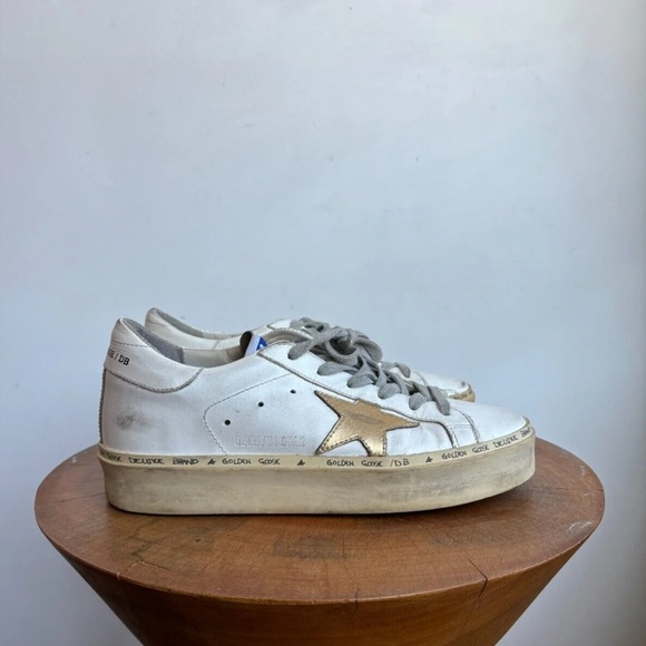 GOLDEN GOOSE Hi Star White Gold Leather Flatform Platform Low Top Sneaker 38 - Picture 1 of 4